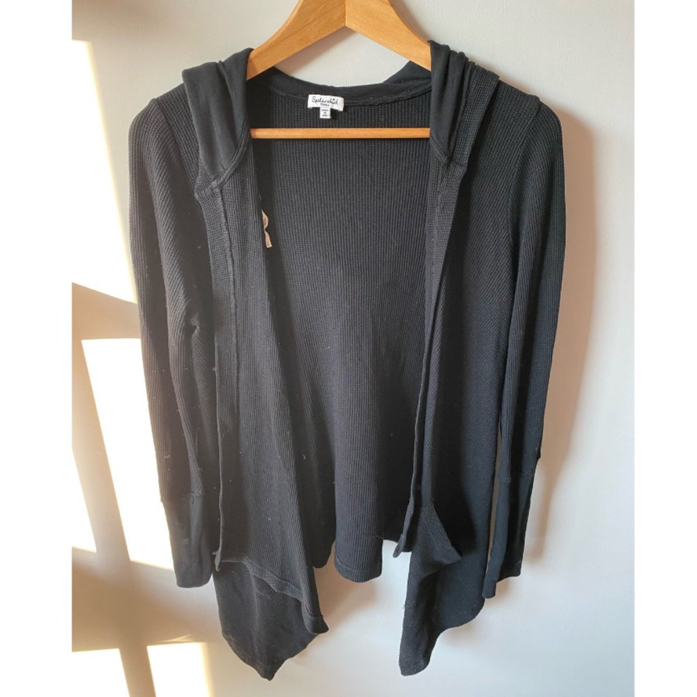 Splendid Black Waffle Hooded Cardigan